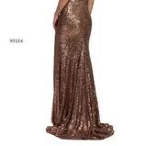 Abby Paris by Lucci Lu Long Sexy Bronze Sequin/rhinestone Deep V Gown Dress Sz 4 - Picture 7 of 14
